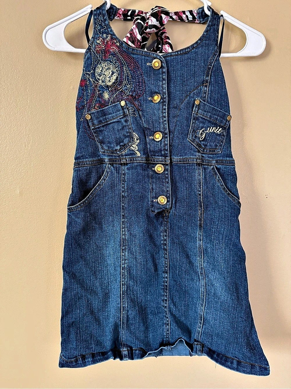Y2K G-Unit Jean Halter Dress Size 12 Embroidered Denim Pink Black